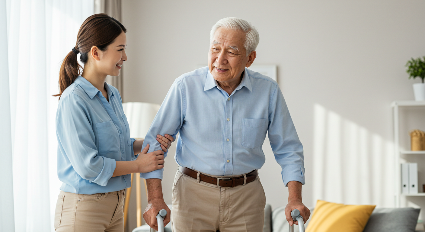 First happy senior enjoying mobility support